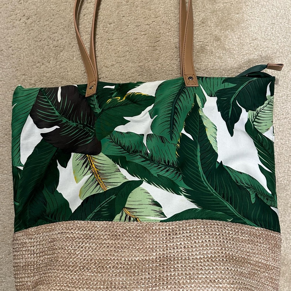 Tropical Green and Tan Tote with Leather Handles